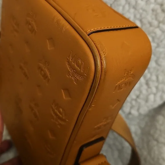 Auth MCM Tan Monogram Embossed Crossbody Bag